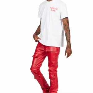 petrus red pu stacked flare leather jean